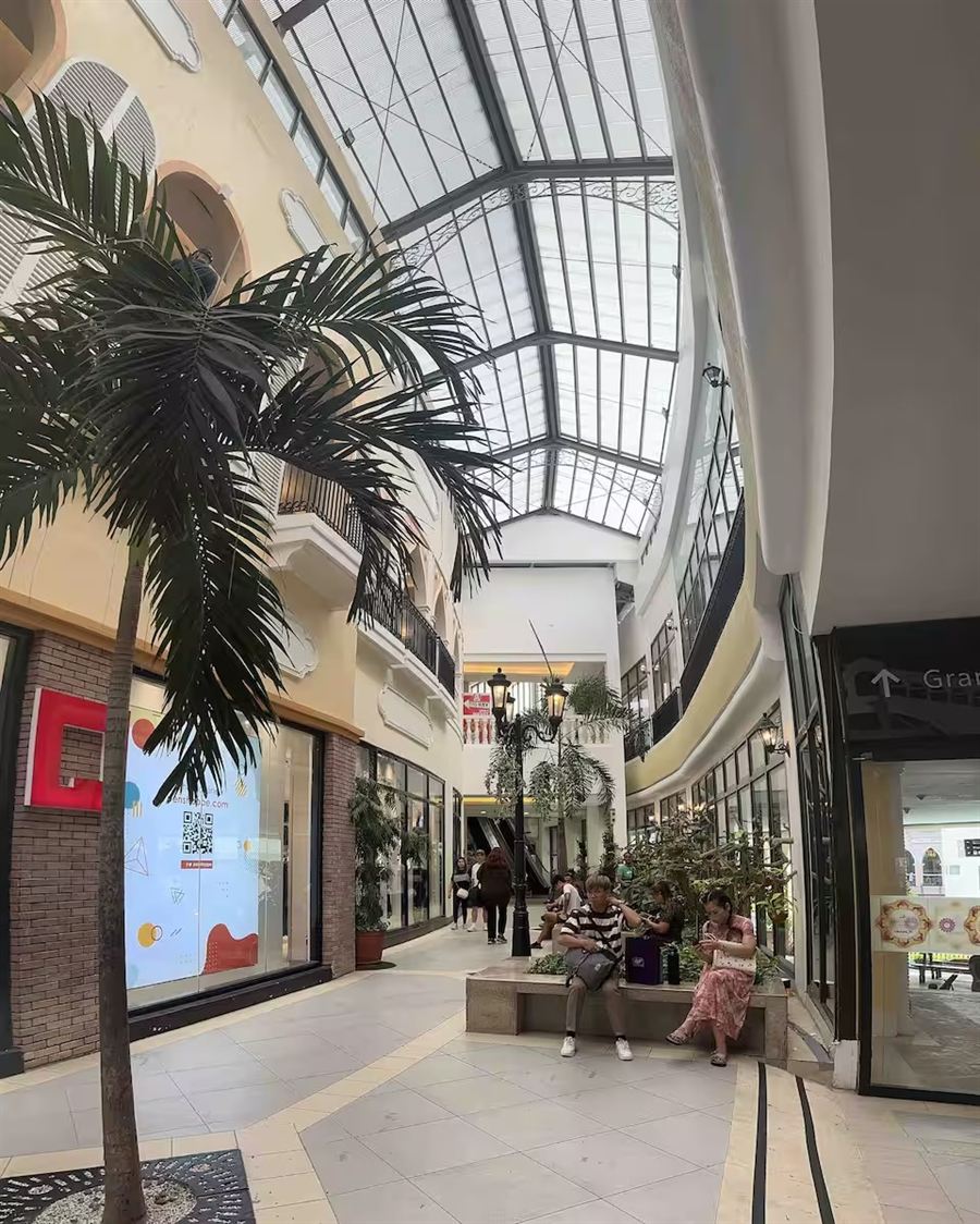 The glass-roofed arcade inside Venice Grand Canal Mall
